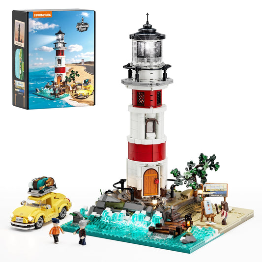 Lumibricks City Sunrise Lighthouse front view, ideal display piece for collectors.
