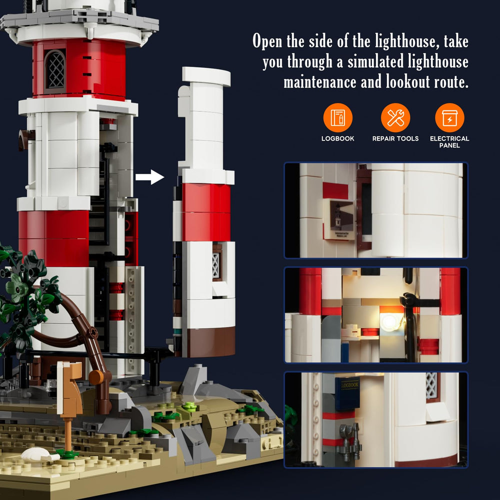 Lumibricks City Sunrise Lighthouse top view, rotating beacon for dynamic night scenes.