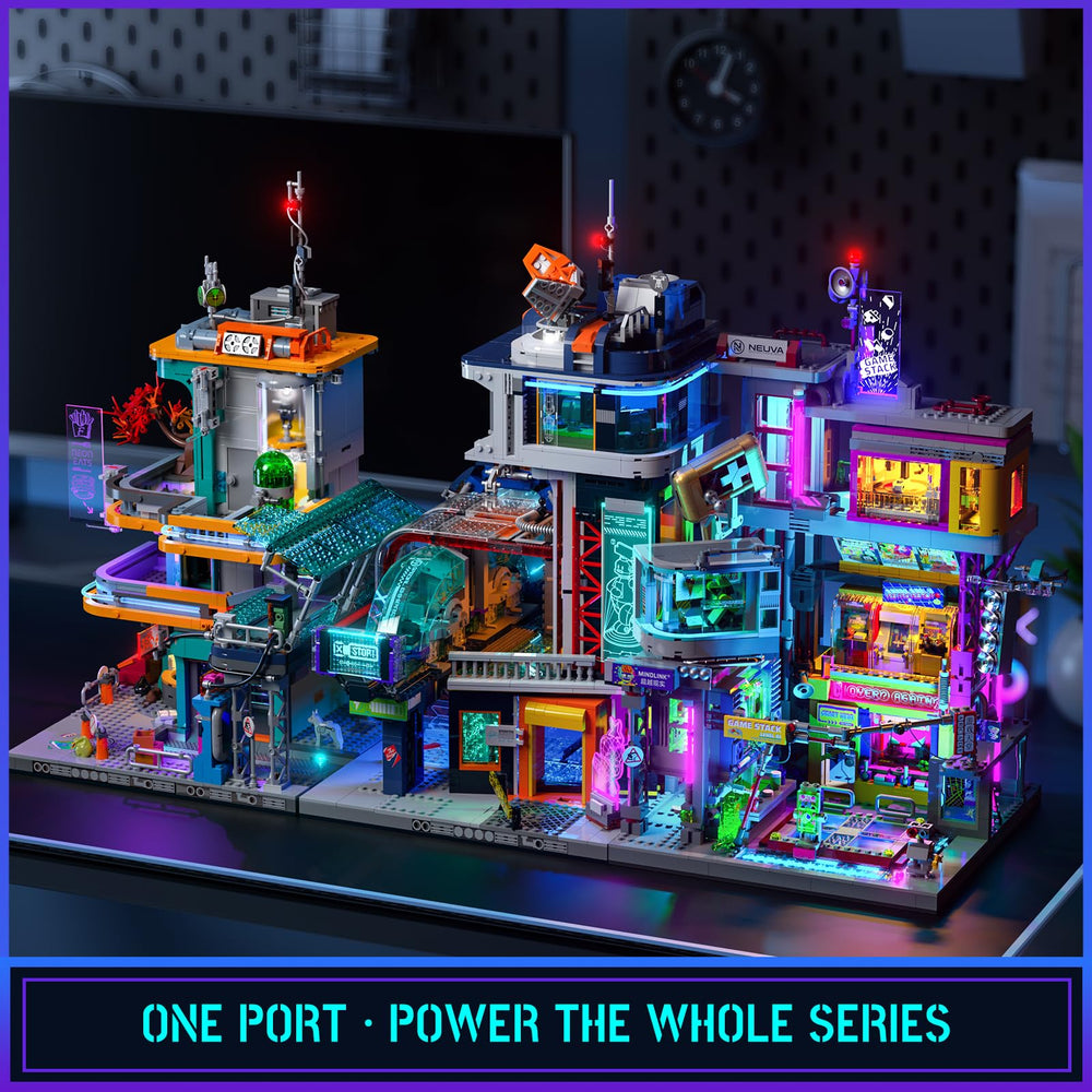 Lumibricks Cyberpunk modular lighting system powers a cohesive neon city.
