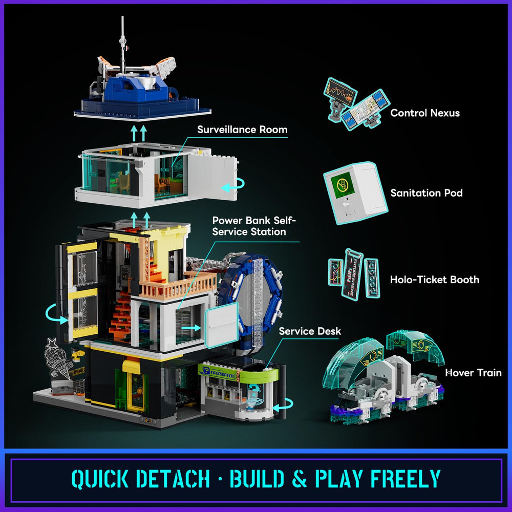Lumibricks dynamic cyber lighting highlights billboards and holographic screens.