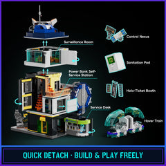 Lumibricks dynamic cyber lighting highlights billboards and holographic screens.
