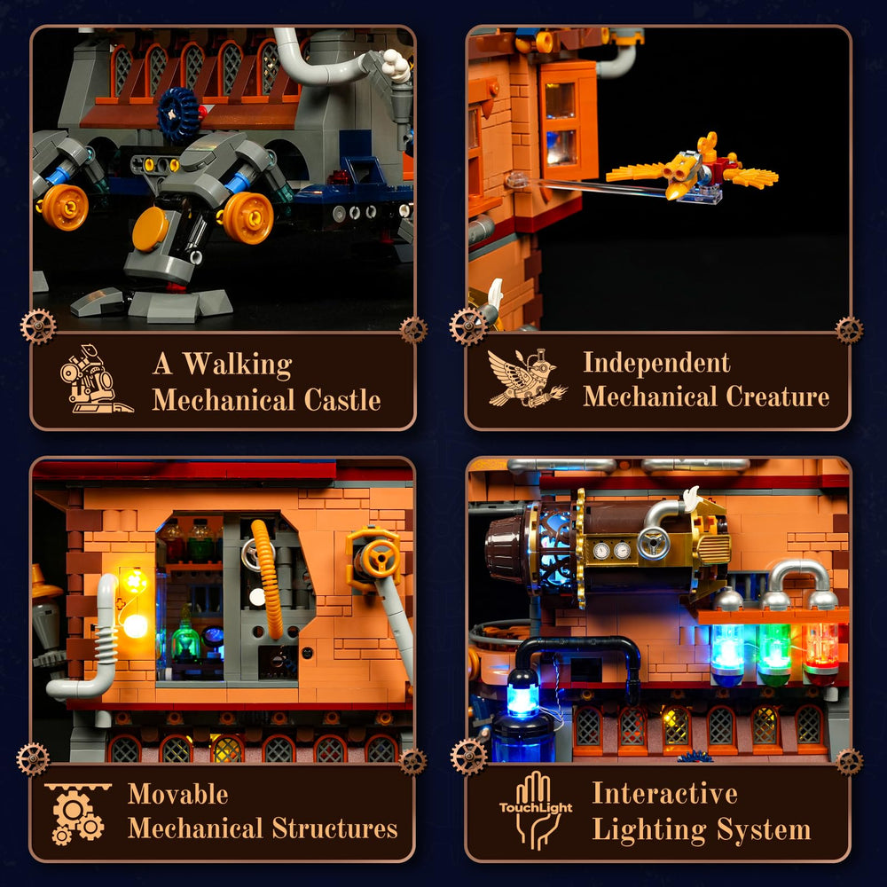 Lumibricks Mecha-Alchemist Moving Castle gear-train perspective emphasizes moving mechanics for dynamic displays