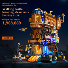 Lumibricks Mecha-Alchemist Moving Castle lighting scene highlights warm and cool LEDs for mood ambiance