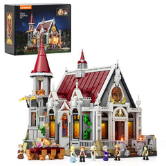 Lumibricks medieval castle banquet hall lighting highlights stained glass for dramatic diorama scenes.