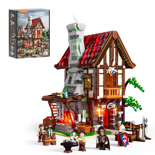 Lumibricks medieval-forge-house furnace with glowing lights for dramatic display