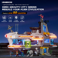 Lumibricks Space Bounty Hub exterior LED glow highlights the building’s design for dioramas.