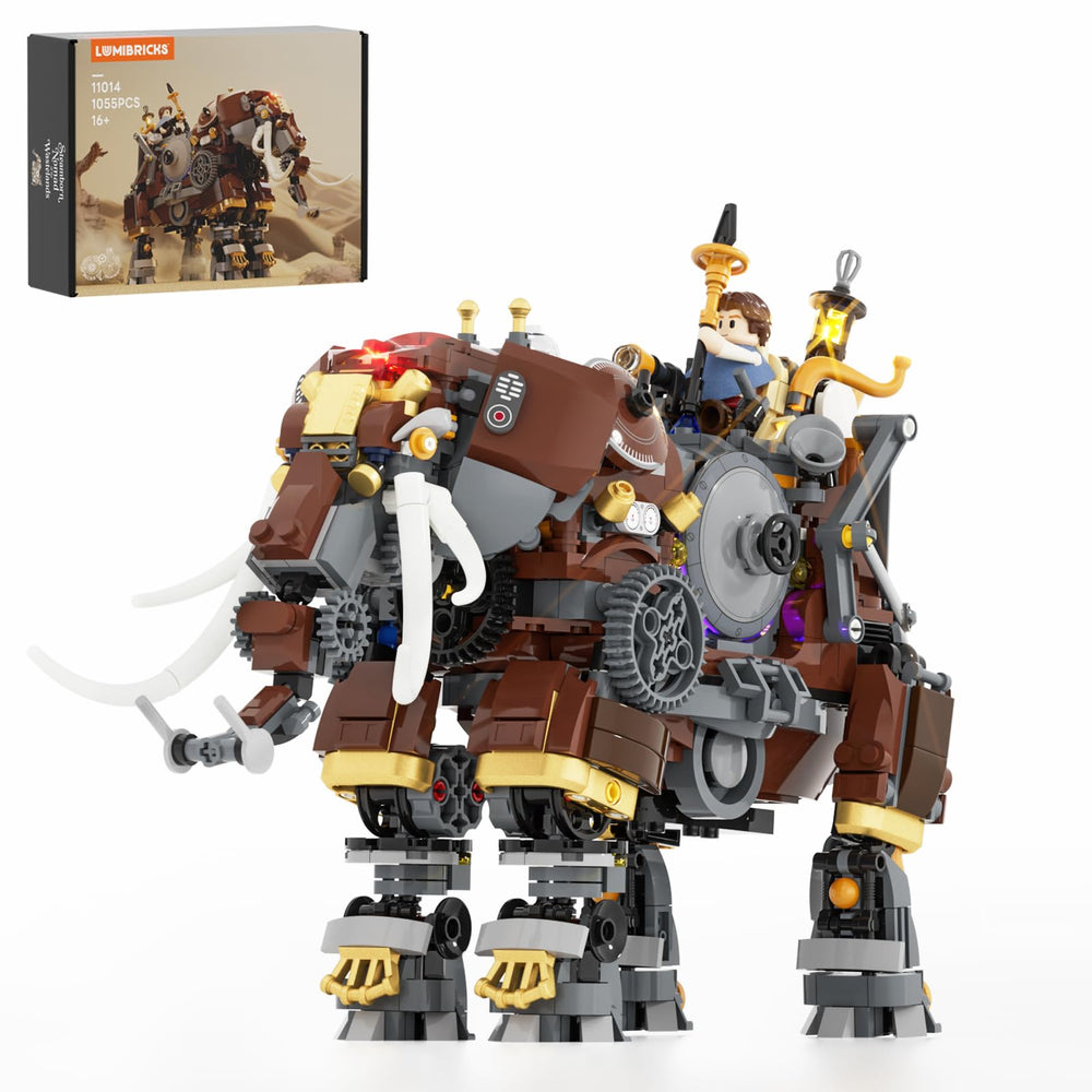 Lumibricks Steampunk Steamphant elephant articulated figure for dynamic posing in display setups.