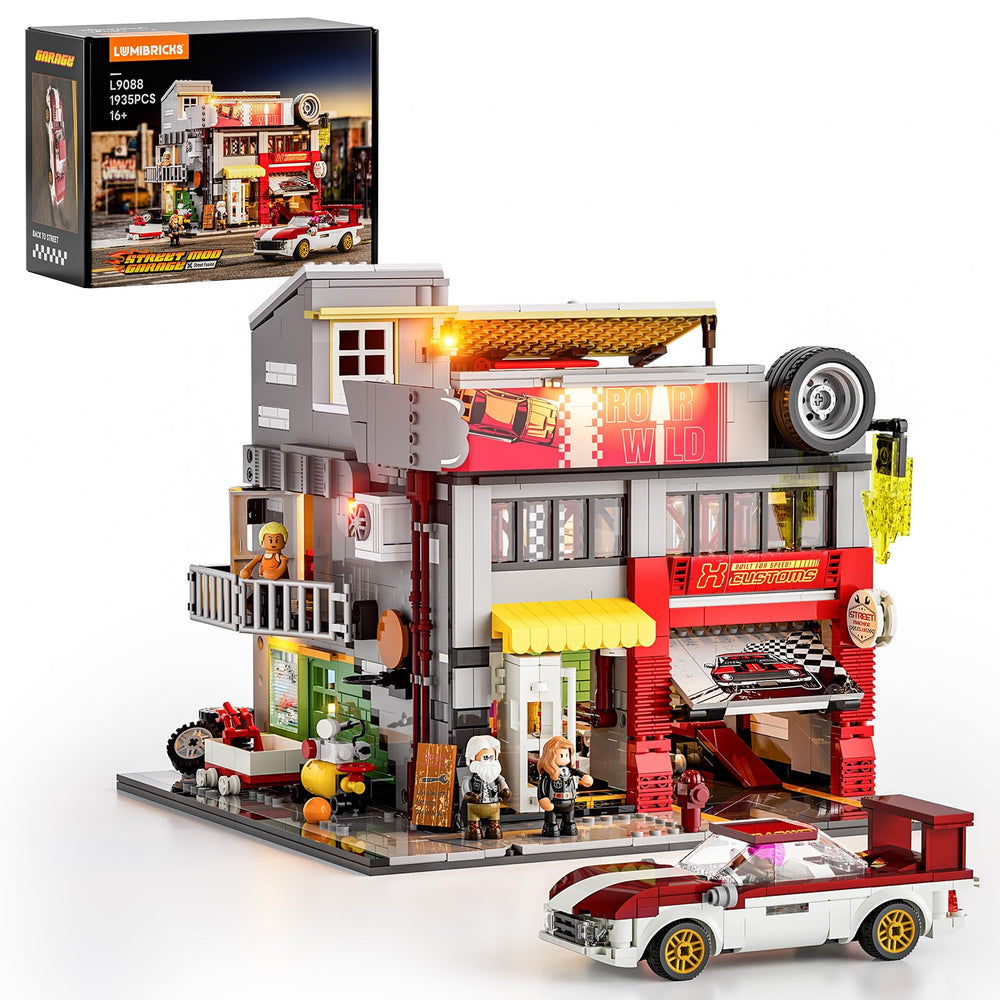 Lumibricks Street MOD Garage front wall with textured bricks, ideal for retro display and dioramas.