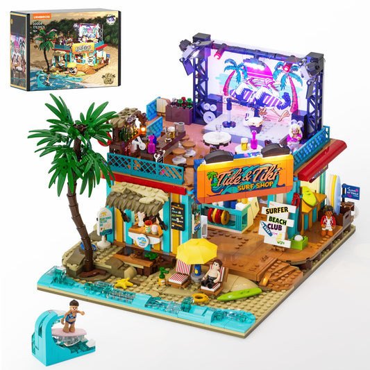 Lumibricks Surf Shop exterior with palm trees enhances imaginative beachside play.