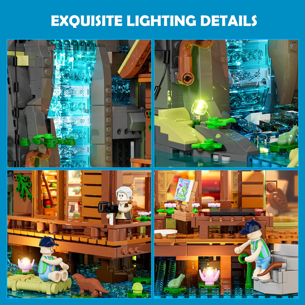 Lumibricks waterfall-cabin interior floor two with bed couch for viewing comfort