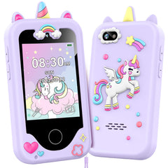 Luoba Kids Smart Phone front view in purple, kid-friendly touchscreen for learning and play.
