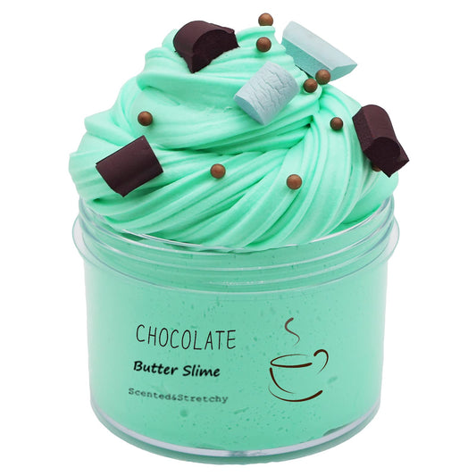 Luskidol Butter Chocolate Slime jar shows soft, stretchy texture for kids.