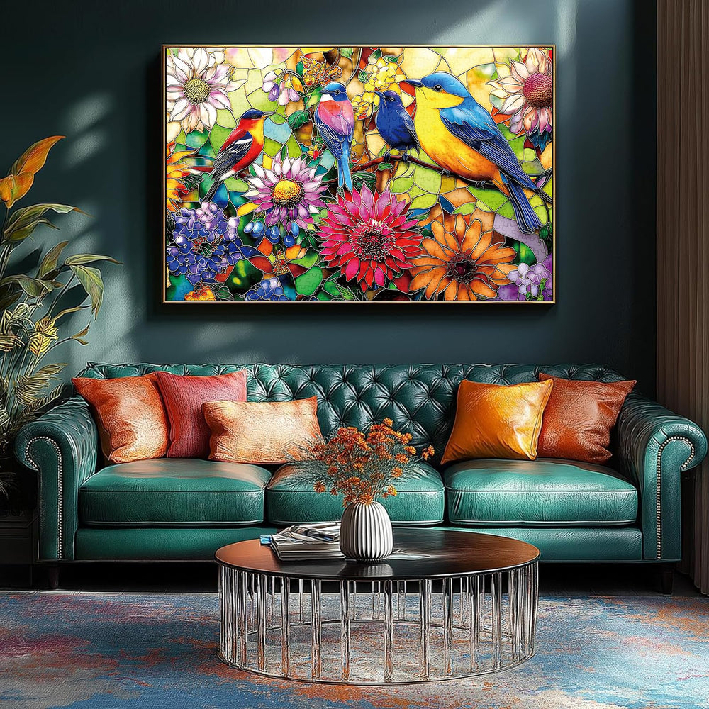 Luxdivina finished-view bird-flower puzzle invites display or framing after completion.