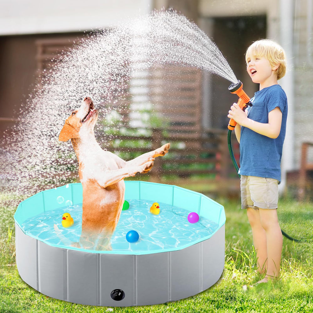 LuxPool foldable dog pool folded for compact storage and easy transport