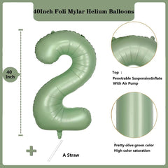 LVMOQIQIU sage green foil number 2 balloon for elegant birthday decor.