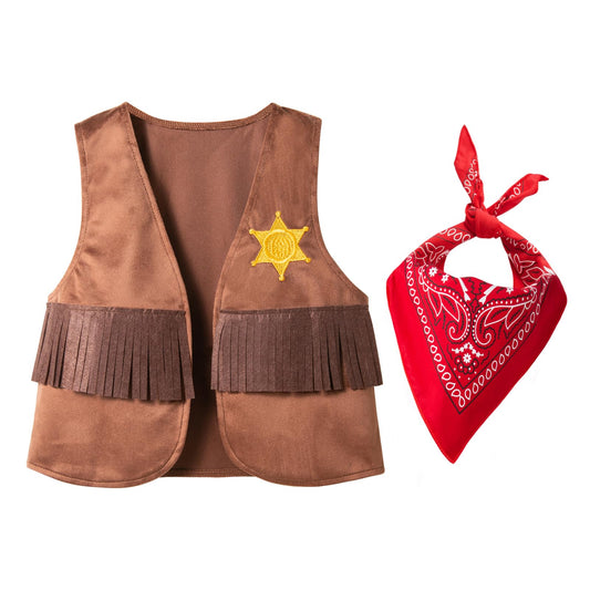 LXKIKMM western cowboy vest front view with fringe and badge detail for authentic play