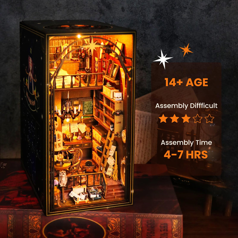 Lycidae Book Nook Kit interior with warm LED light, ideal decor.