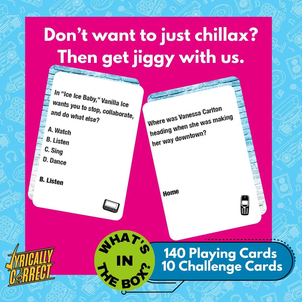 Lyrically Correct 140 trivia cards and 10 challenge cards pack being held for game night