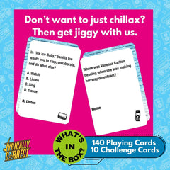 Lyrically Correct 140 trivia cards and 10 challenge cards pack being held for game night