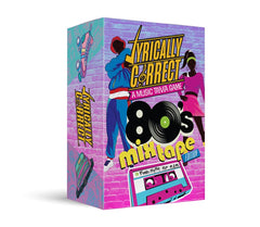 Lyrically Correct 80s mixtape card game box on table, perfect for lively party nights.