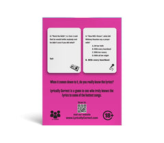 Lyrically Correct challenge cards unboxing view, adds surprise twists to game night.