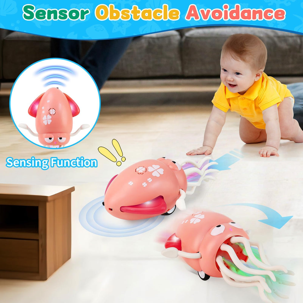 LZZAPJ octopus obstacle-sensor crawling demonstrates responsive learning during tummy time.