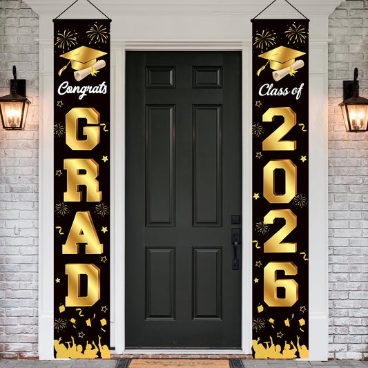 M AMFEOV graduation porch banner with congrats grad visible from distance
