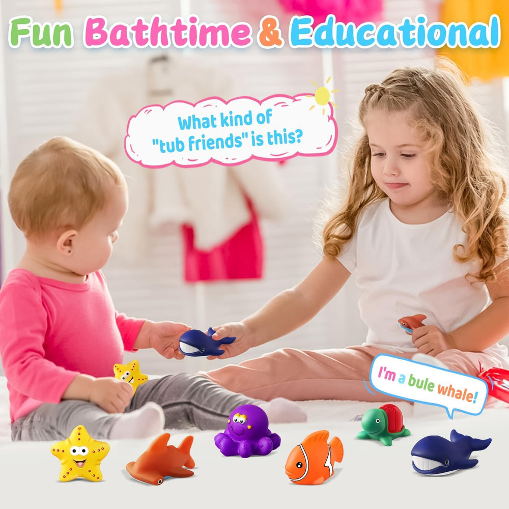 MACALOCA six sea creature toys stimulate imaginative play during baths.