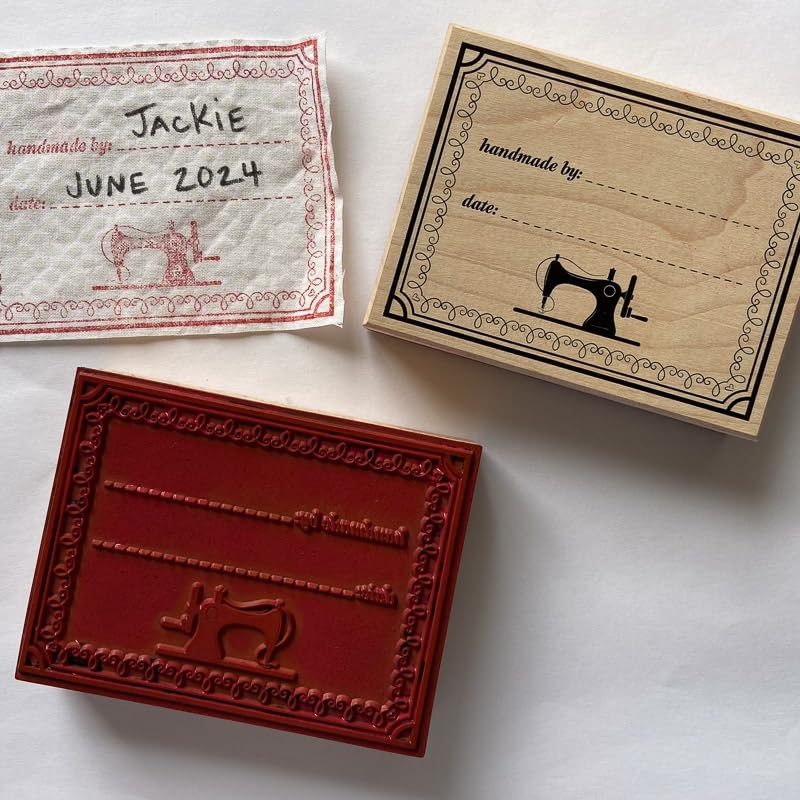 Madam Sew handmade-by stamp offers personalized labels on fabric.