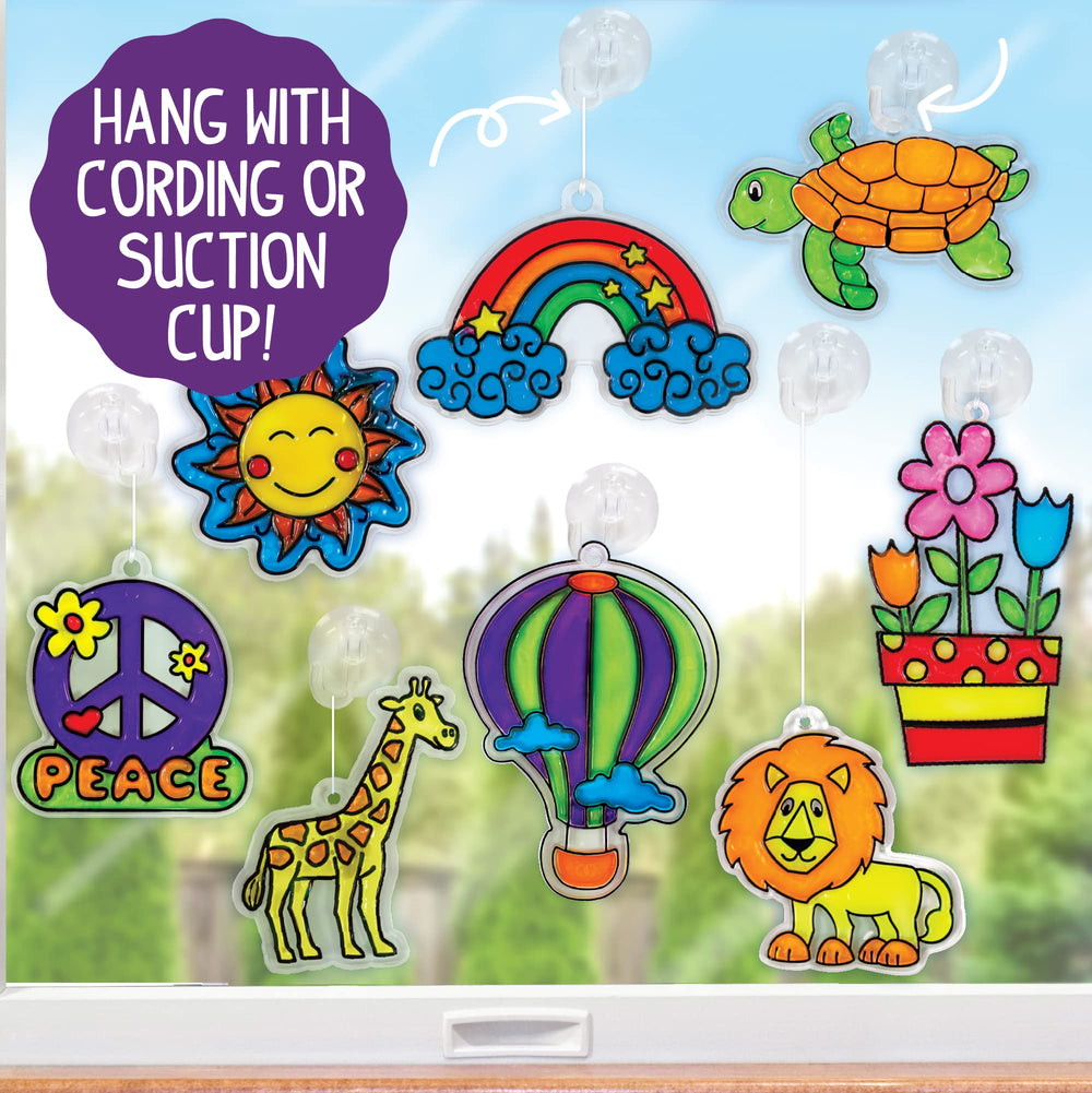 Made By Me suction cups and string enable easy display on any glass surface.