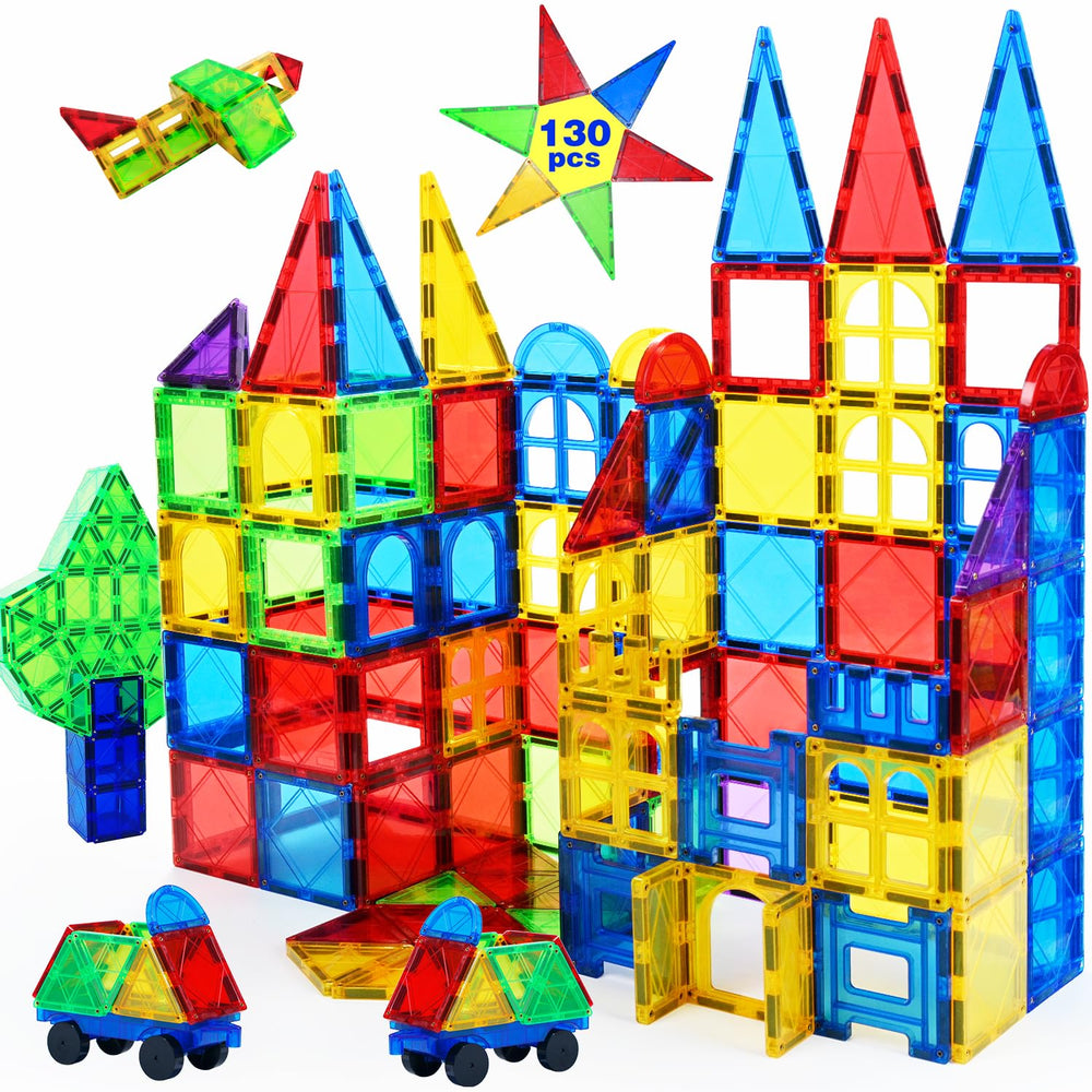 MAGBLOCK 130-piece magnetic tiles set for creative building and problem solving.