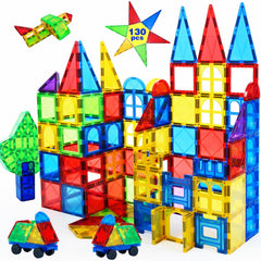 MAGBLOCK 130-piece magnetic tiles set for creative building and problem solving.