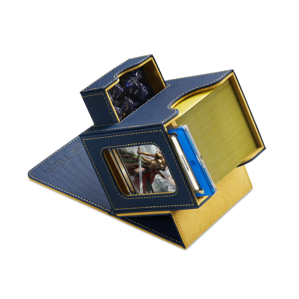 Mage Tech Card Deck Box blue-yellow with magnets closed for secure transport