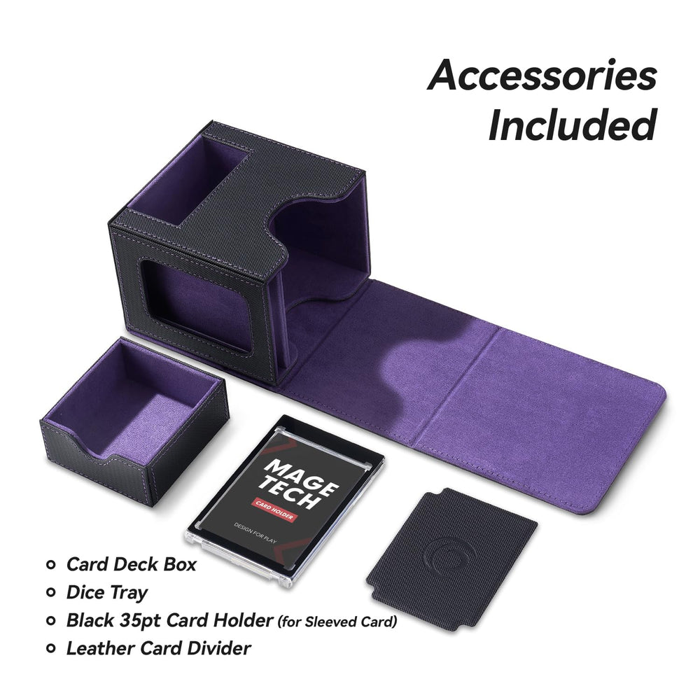 Mage Tech Card Deck Box dice-tray-storage holds 30–50 dice for quick access.