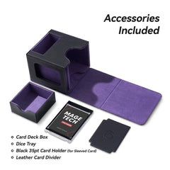 Mage Tech Card Deck Box dice-tray-storage holds 30–50 dice for quick access.
