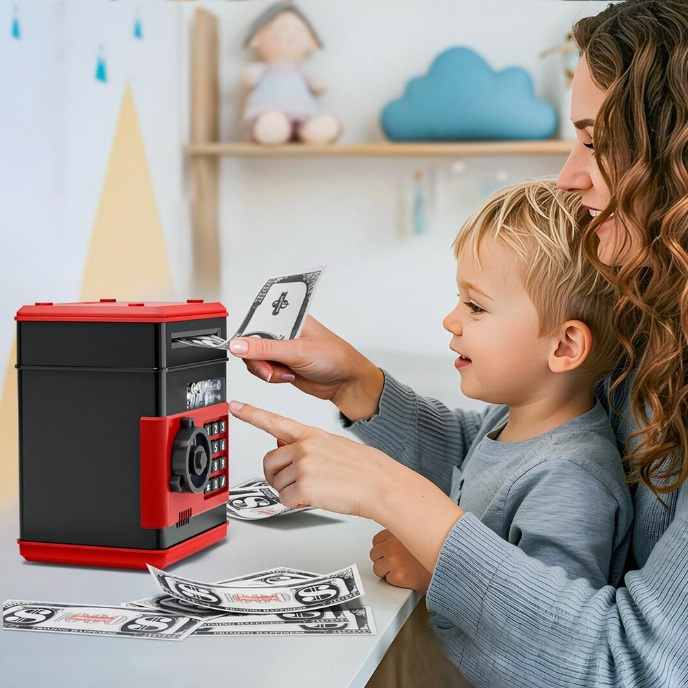 MAGIBX child uses piggy bank at home, a fun learning activity for money skills.