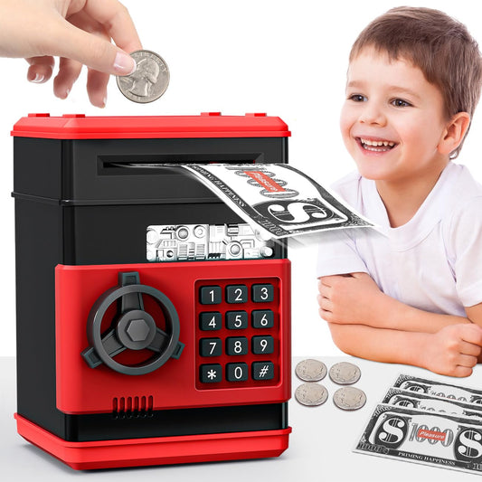 MAGIBX mini piggy bank ATM in black and red, top view showing password-controlled access.