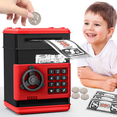MAGIBX mini piggy bank ATM in black and red, top view showing password-controlled access.
