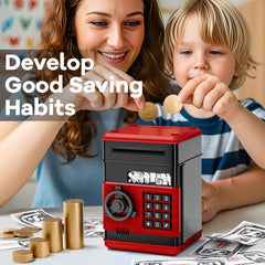 MAGIBX password-protected piggy bank, front view with password entry and green indicator light.