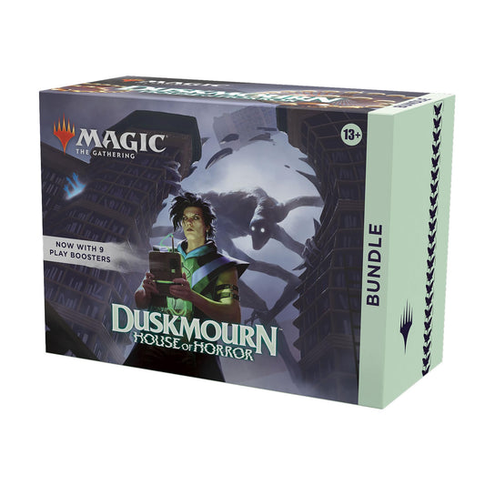 Magic: The Gathering Duskmourn bundle play booster packs show rares and a foil card
