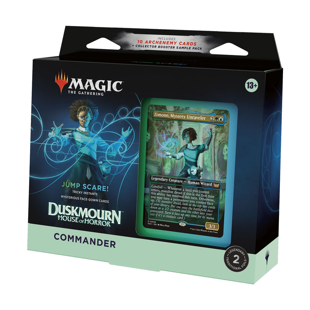 Magic: The Gathering Duskmourn Jump Scare box opens to a ready-to-play green-blue deck.