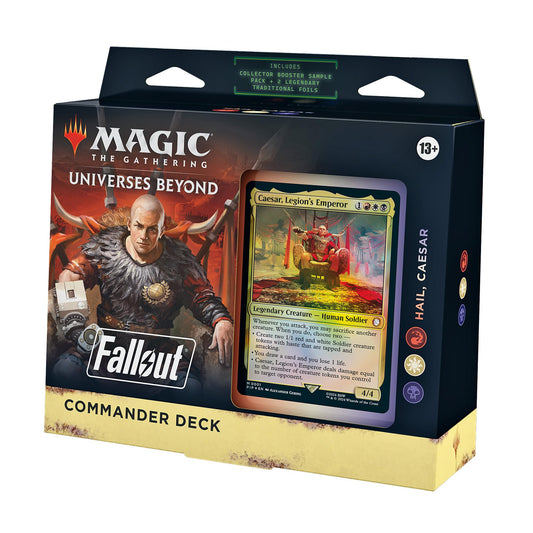Magic: The Gathering Fallout Commander Deck cover art with wasteland visuals and striking branding.