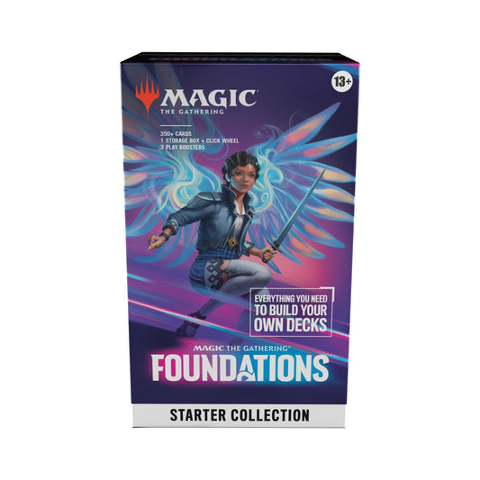 Magic: The Gathering Foundations Starter Collection box opened to reveal the starter deck-building kit.