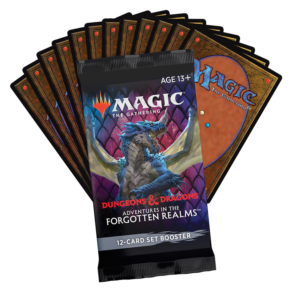 Magic: The Gathering Forgotten Realms Set Booster Pack cover art inviting collectors to expand AFR collection.