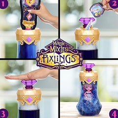 Magic Mixies potion ingredients swirl into a deep blue elixir inside the bottle.