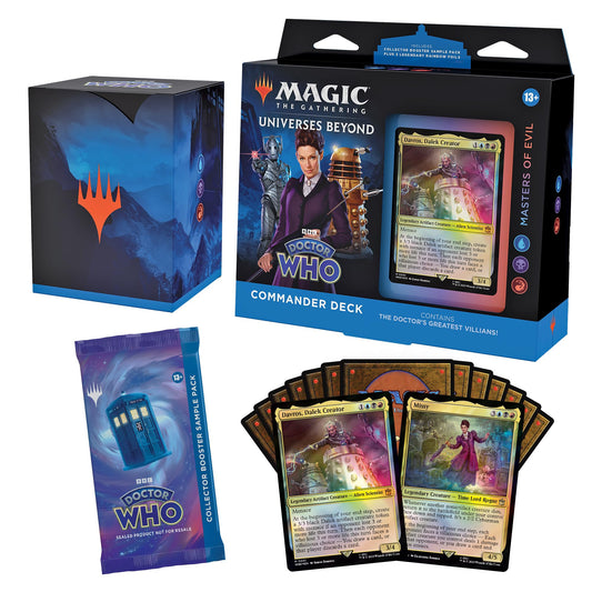 Magic: The Gathering Doctor Who Masters of Evil deck front artwork sparks dramatic table presence