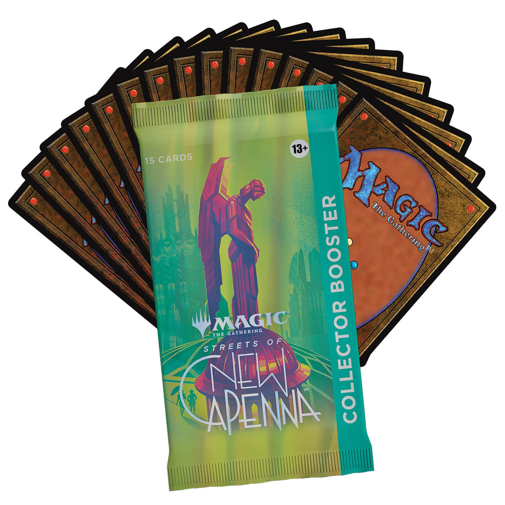 Magic: The Gathering Metropolis Full-Art Land foil shown as a striking pack centerpiece