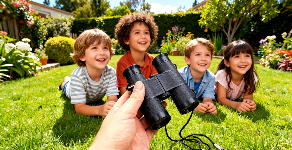 MAGIKON toy binoculars in a travel bag emphasize portability and curiosity.