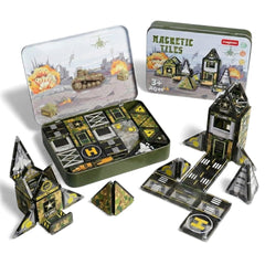 Maginoo 42PCS camouflage tiles building an army base, inspiring STEM play.