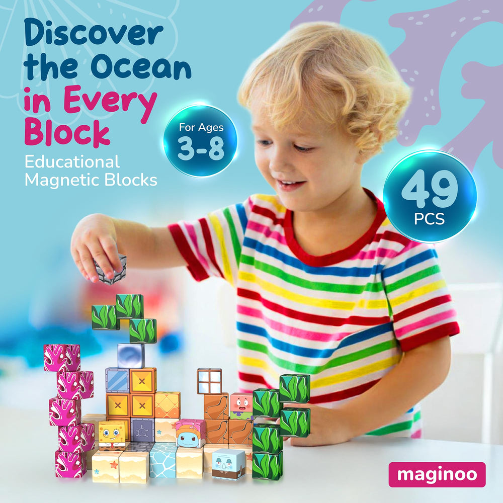 Maginoo 49pcs mini magnetic blocks ocean dolphin scene, enhances fine motor skills and pattern exploration